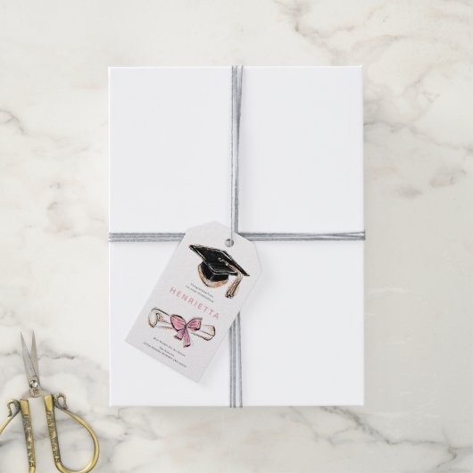 Diploma eindexamencadeau met roze strik en schets cadeaulabel (Met Touw)