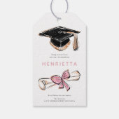 Diploma eindexamencadeau met roze strik en schets cadeaulabel (Achterkant)