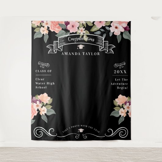 Diploma Feest Foto Booth Aquarel Bloemen Wandkleed (Voorkant)