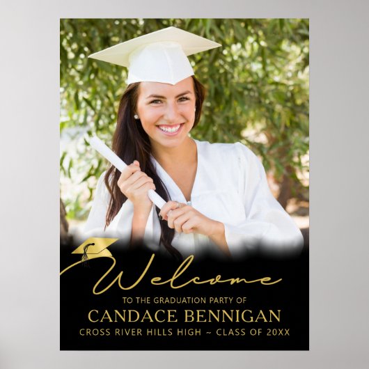 Diploma Feest Uitnodiging Zwarte Goud Script Foto Poster (Voorkant)