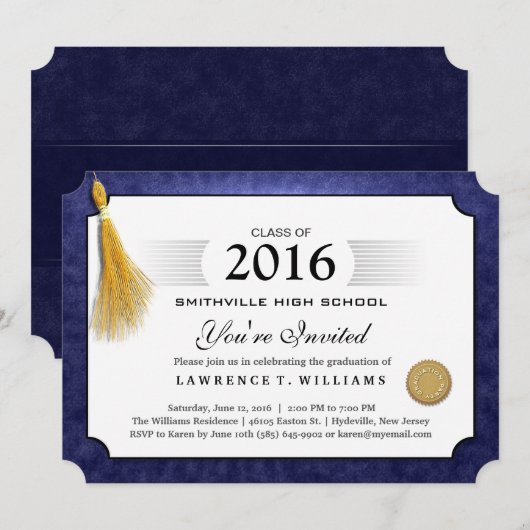 Diploma in marineblauw met gouden kwast afstuderen kaart (Voorkant / Achterkant)