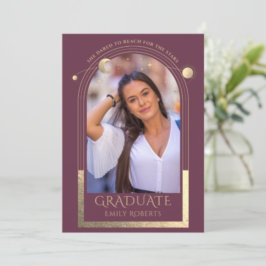 Diploma-kleur Goud Zon Maan Sterren Afstudeerfoto Kaart (Staand voorkant)