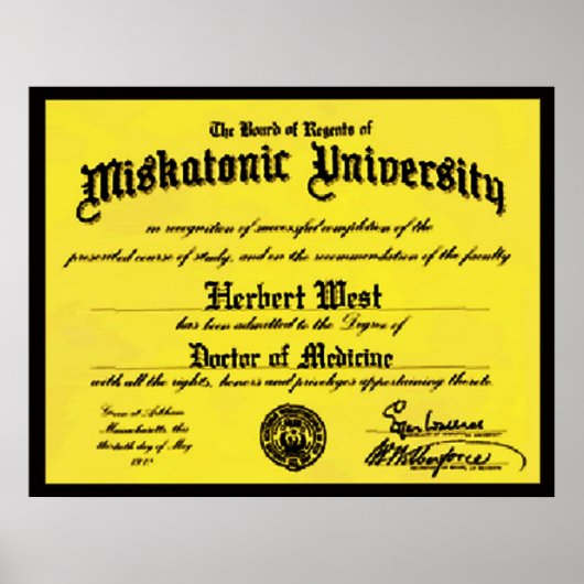 Diploma Miskatonic University Herbert West Poster (Voorkant)