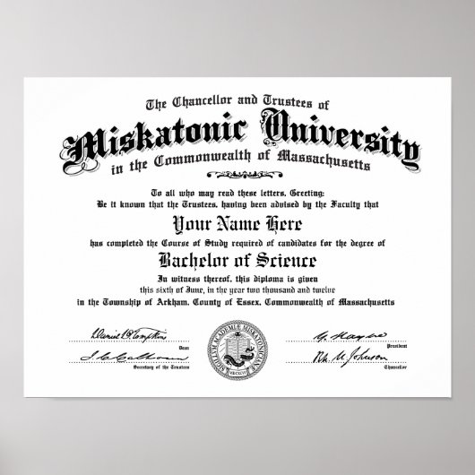 Diploma Miskatonic University — Type Jouw naam Poster (Voorkant)