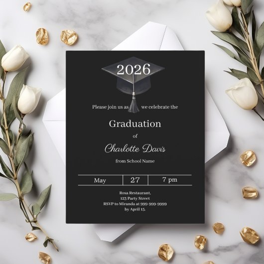 Diploma-uitnodiging zwart wit klas 2026