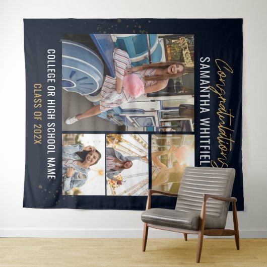 Diploma-uitreiking 2025 Foto Collage Navy Blauwe F Wandkleed (In Situ (horizontaal))