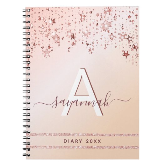 Diray monogram roos goudroze glitter sterren giral notitieboek (Voorkant)