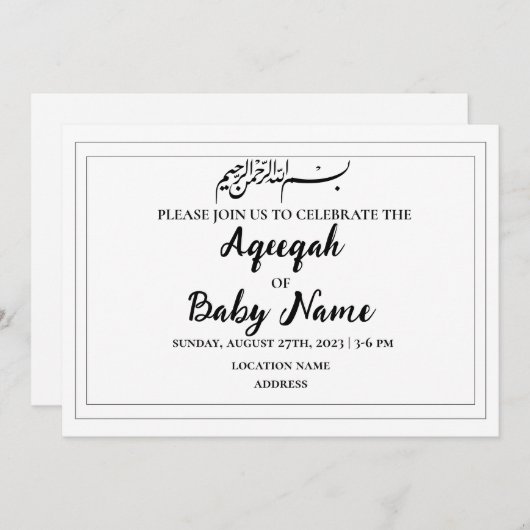 Direct bewerkbare Neutral Aqeeqah Invitation Kaart (Voorkant / Achterkant)