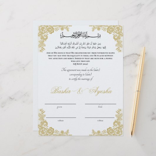 Direct Persoonlijk Nikkah Huwelijkscertificaat (Voorkant / Achterkant in situ)