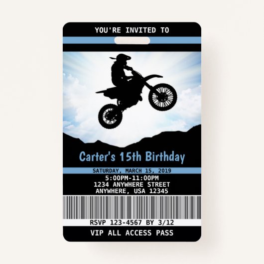 Dirt Bike Birthday Invitation VIP Pass Badge (Voorkant)