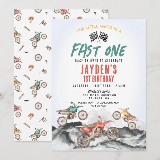 Dirt Bike Eerste Verjaardagsfeestuitnodiging voor  Kaart (Voorkant / Achterkant)