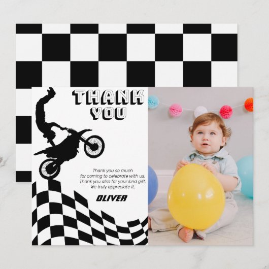 Dirt bike motorfiets racing jongen foto verjaardag bedankkaart (Voorkant / Achterkant)