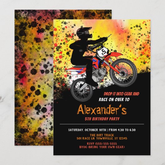 Dirt Bike/Motorfiets Verjaardag Uitnodiging (Voorkant / Achterkant)