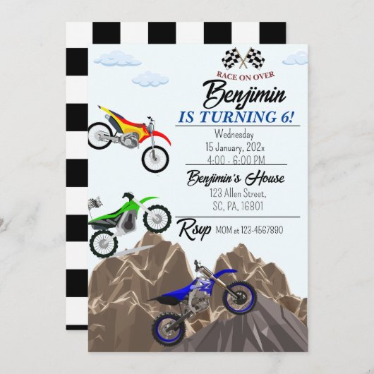 Dirt Bike/Motorfiets Verjaardagsfeestuitnodiging Kaart (Voorkant / Achterkant)