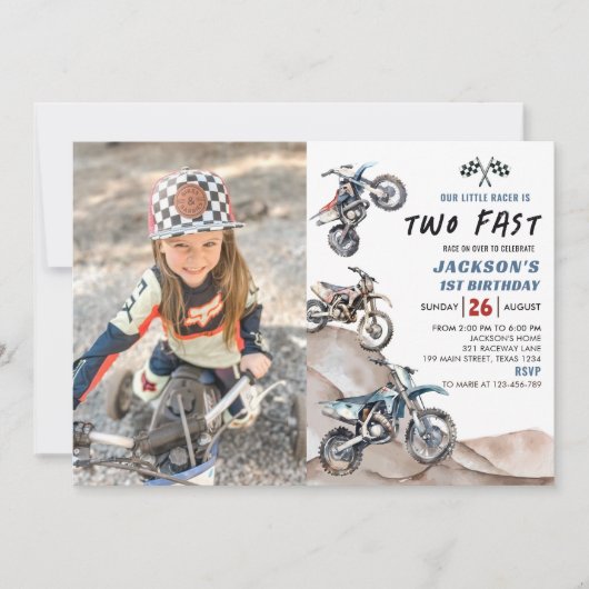Dirt Bike Race Boy 2e verjaardag foto uitnodiging (Voorkant)