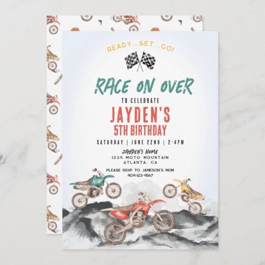 Dirt Bike Race Verjaardagsfeestuitnodiging voor jo Kaart (Voorkant / Achterkant)
