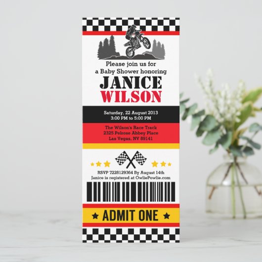 Dirt Bike Ticket Pass Baby shower Kaart (Staand voorkant)