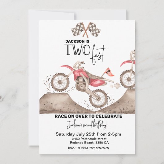 Dirt Bike TWO FAST verjaardagsuitnodiging Kaart (Voorkant)