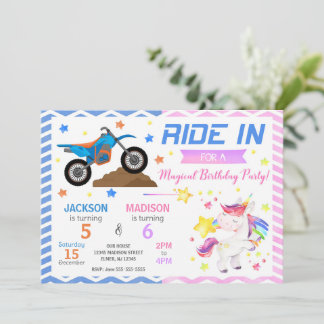 Dirt Bike & Unicorn Joint Birthday Invitation Kaart