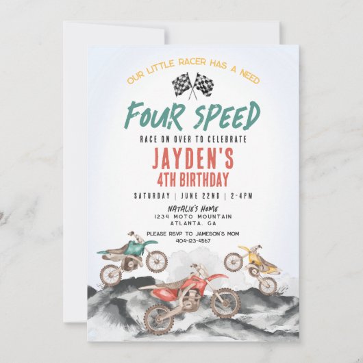 Dirt Bike Vierde Verjaardagsfeestuitnodiging voor  Kaart (Voorkant)