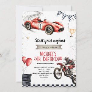 Dirt Bikes en raceauto thema uitnodiging
