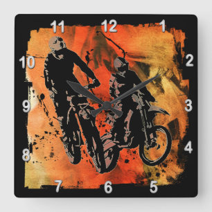 Dirtbiker Duo Red en Oranje Grunge Vierkante Klok