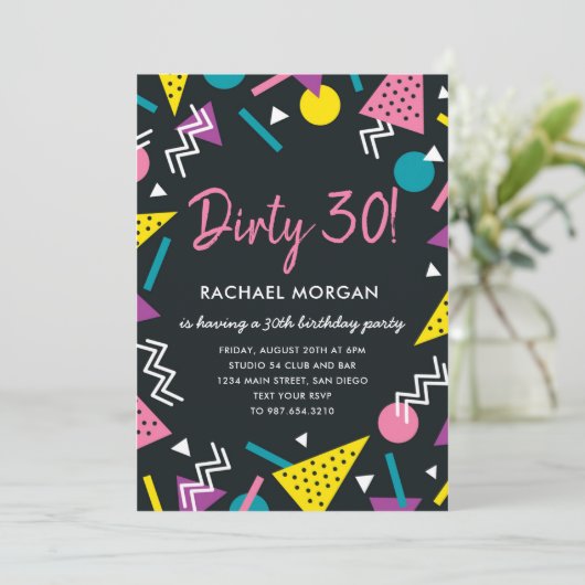 Dirty 30 Black and Retro Birthday Invitation Kaart (Staand voorkant)