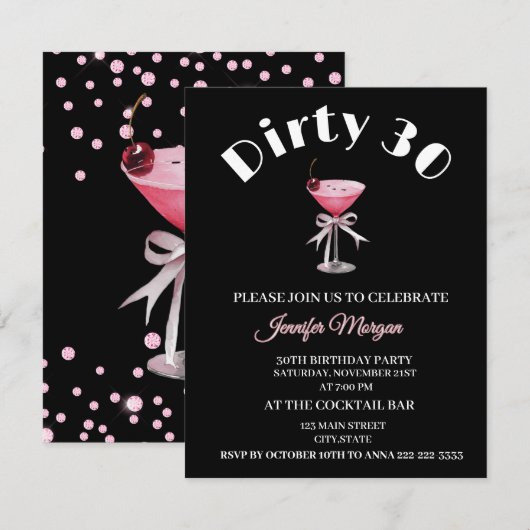 Dirty 30 Coquette Martini verjaardagsthema Invitat Kaart (Voorkant / Achterkant)