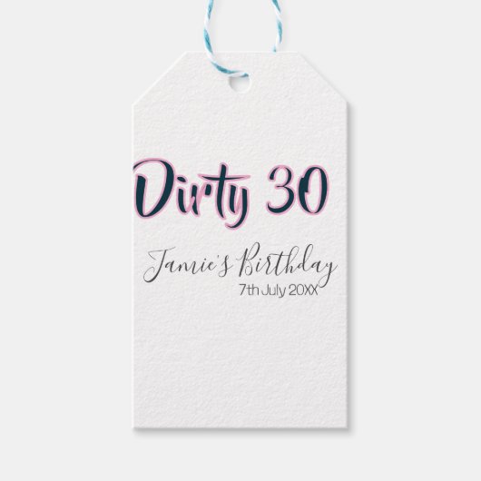 Dirty 30 happy birthday name date pink gray callig cadeaulabel (Voorkant)