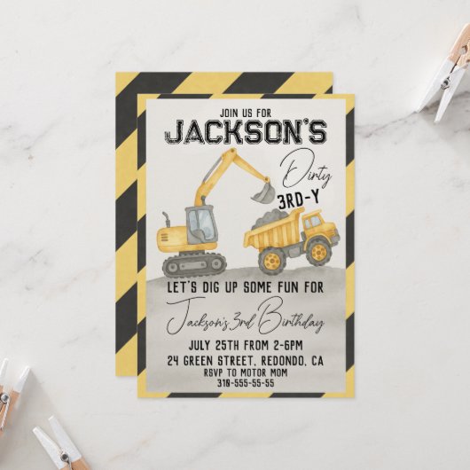 Dirty 3rd-y Bouw Verjaardag uitnodiging (Voorkant / Achterkant in situ)