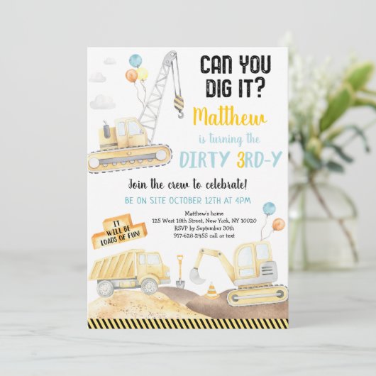 Dirty 3rd-y Bouwwagen Verjaardag Kaart (Staand voorkant)