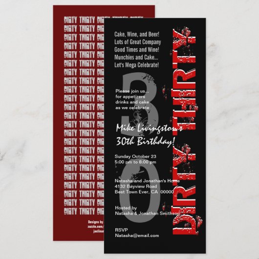 DIRTY DERTIG Verjaardagsfeestje Zwart Wit Rood Tal Kaart (Voorkant / Achterkant)