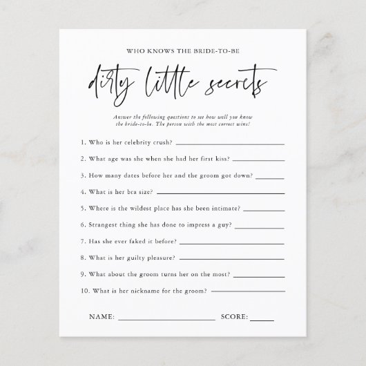 Dirty Little Secrets | Bachelorette Party Game (Voorkant)