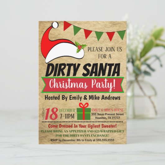 Dirty Santa Exchange Party-uitnodiging Kaart (Staand voorkant)