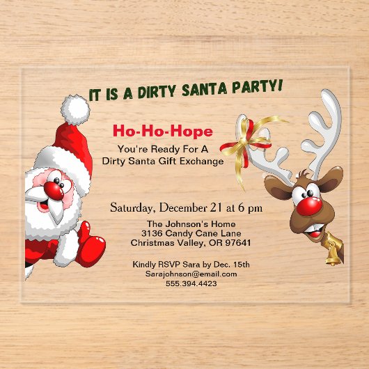 Dirty Santa Gift Exchange Santa & Rudolph Deer Acryl Uitnodigingen (Voorkant)