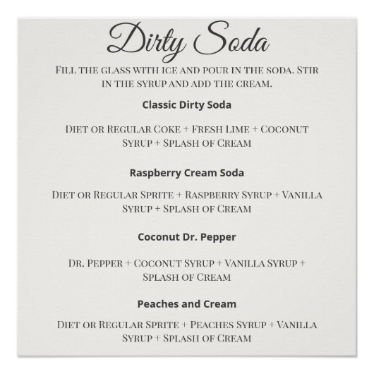 Dirty Soda Bar Sign with Recipes for Wedding Perfect Poster (Voorkant)