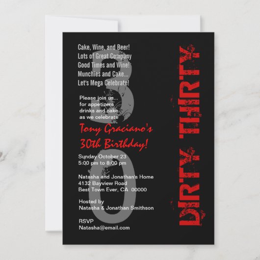 Dirty Thirty Birthday Zwart Wit Rood Sjabloon Kaart (Voorkant)
