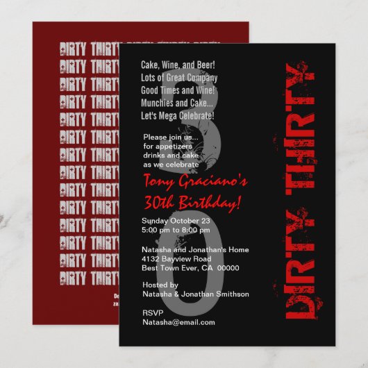 Dirty Thirty Birthday Zwart Wit Rood Sjabloon Kaart (Voorkant / Achterkant)