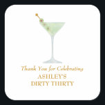 Dirty Thirty Martini Cocktail, 30th Birthday Party Vierkante Sticker<br><div class="desc">Deze dertigste verjaardagsfeestje is voorzien van een waterverf schilderij van een martini glas. Pas aan met uw informatie en verander om het even welke formulering om uw gebeurtenis aan te passen.</div>
