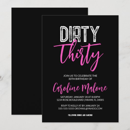 Dirty Thirty Modern 30th Birthday Invitation Kaart (Voorkant / Achterkant)