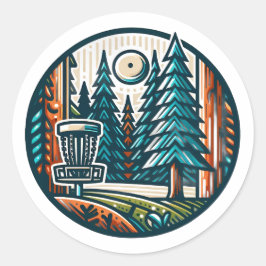 Disc Golf in de Bossen Retro Vibe Art Ronde Sticker