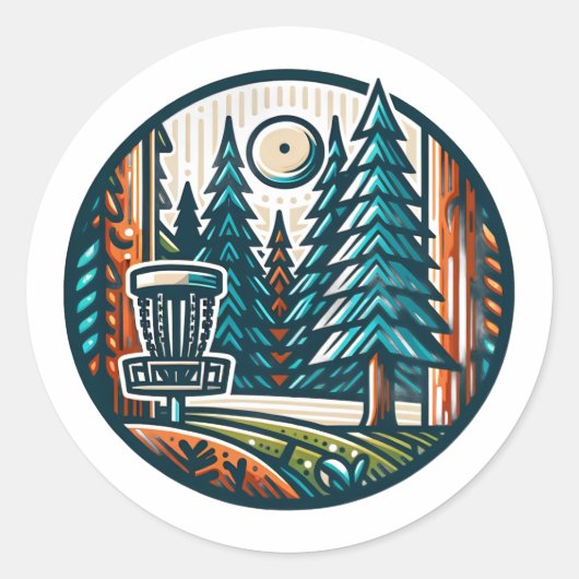 Disc Golf in de Bossen Retro Vibe Art Ronde Sticker (Voorkant)