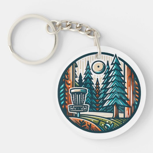 Disc Golf in de Bossen Retro Vibe Art Sleutelhanger (Voorkant)