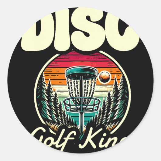 Disc Golf King Retro Bos Zonsondergang  Ronde Sticker (Voorkant)