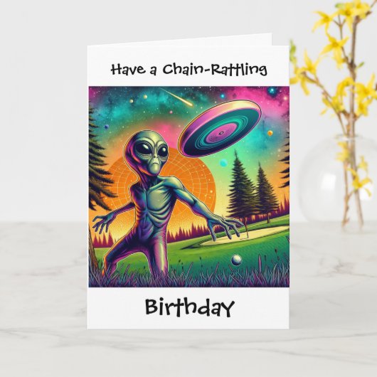 Disc Golfing Alien Grappige Pun Verjaardag Kaart (Gele Bloem)