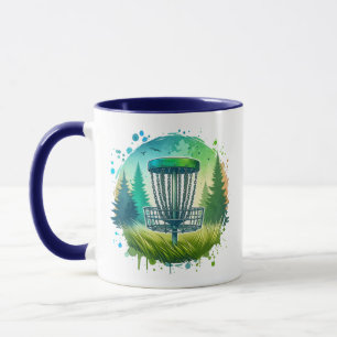 Disc golfmand en dennenbomen blauw en groen mok