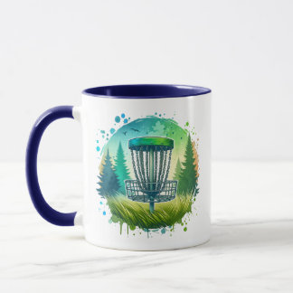 Disc golfmand en dennenbomen blauw en groen mok