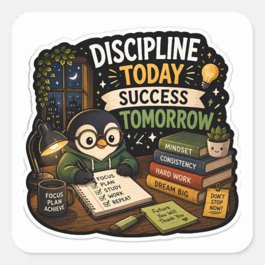 Discipline Vandaag, Succes Morgen – Studeren Pingu Vierkante Sticker (Voorkant)