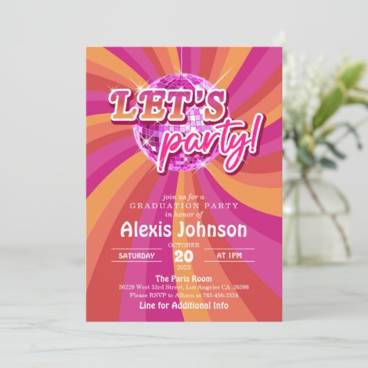 Disco Afstuderen Invitation (Roze) Kaart (Staand voorkant)