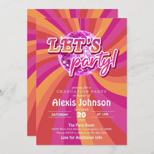 Disco Afstuderen Invitation (Roze) Kaart (Voorkant / Achterkant)